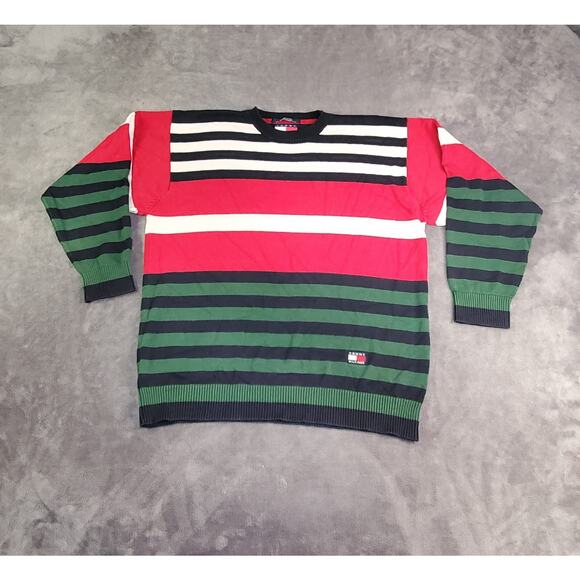 Tommy Hilfiger SZ L Jumper Sweater Men's Red Striped Knit Long Sleeve C19-18 - Picture 1 of 8
